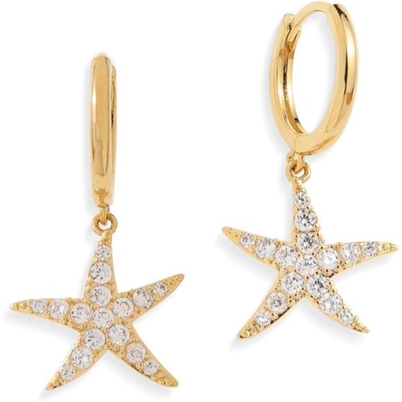 Starfish Huggie Hoop Earrings | 14K Gold Plated CZ Dangle Hoops - Picture 2 of 6